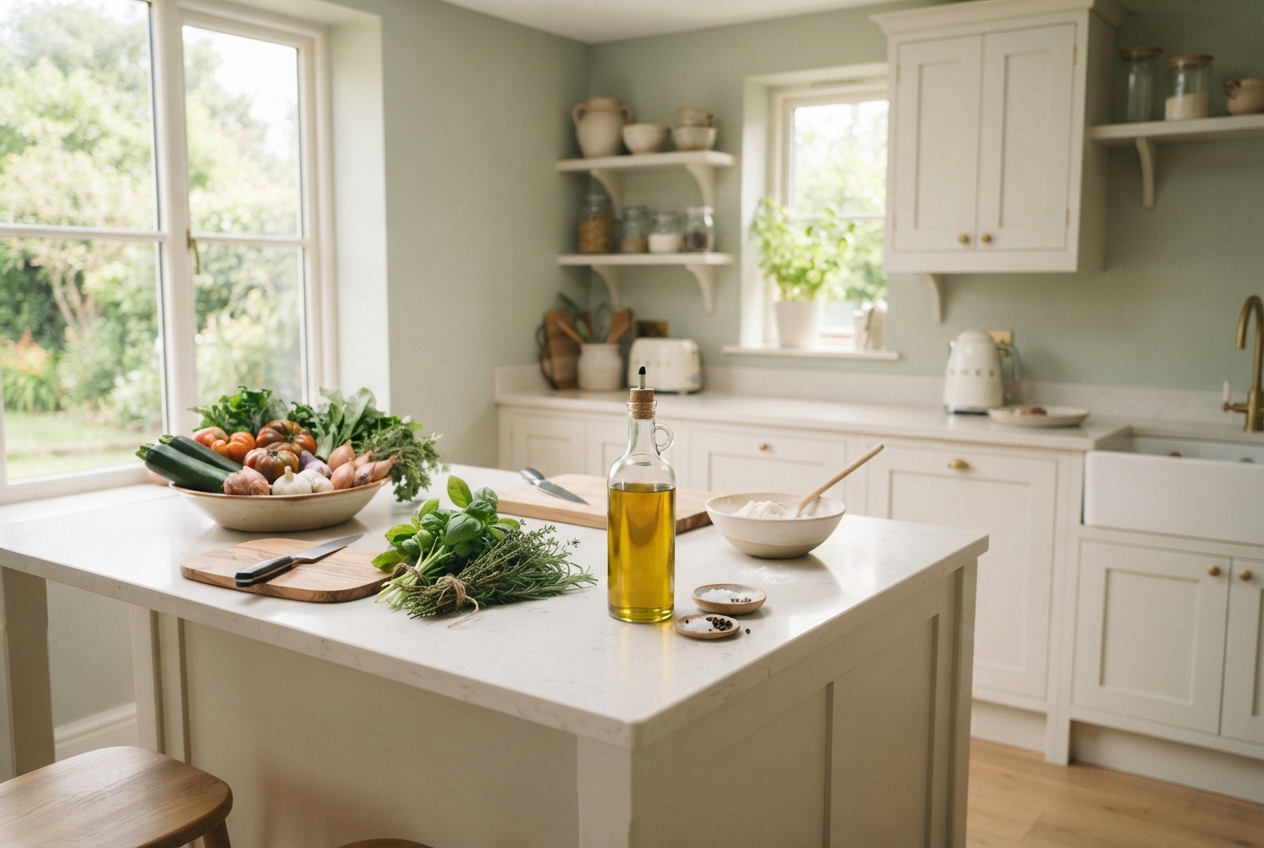 Bright country kitchen with vegetables, herbs, oil, spices, and mixing bowl arranged on a white island.